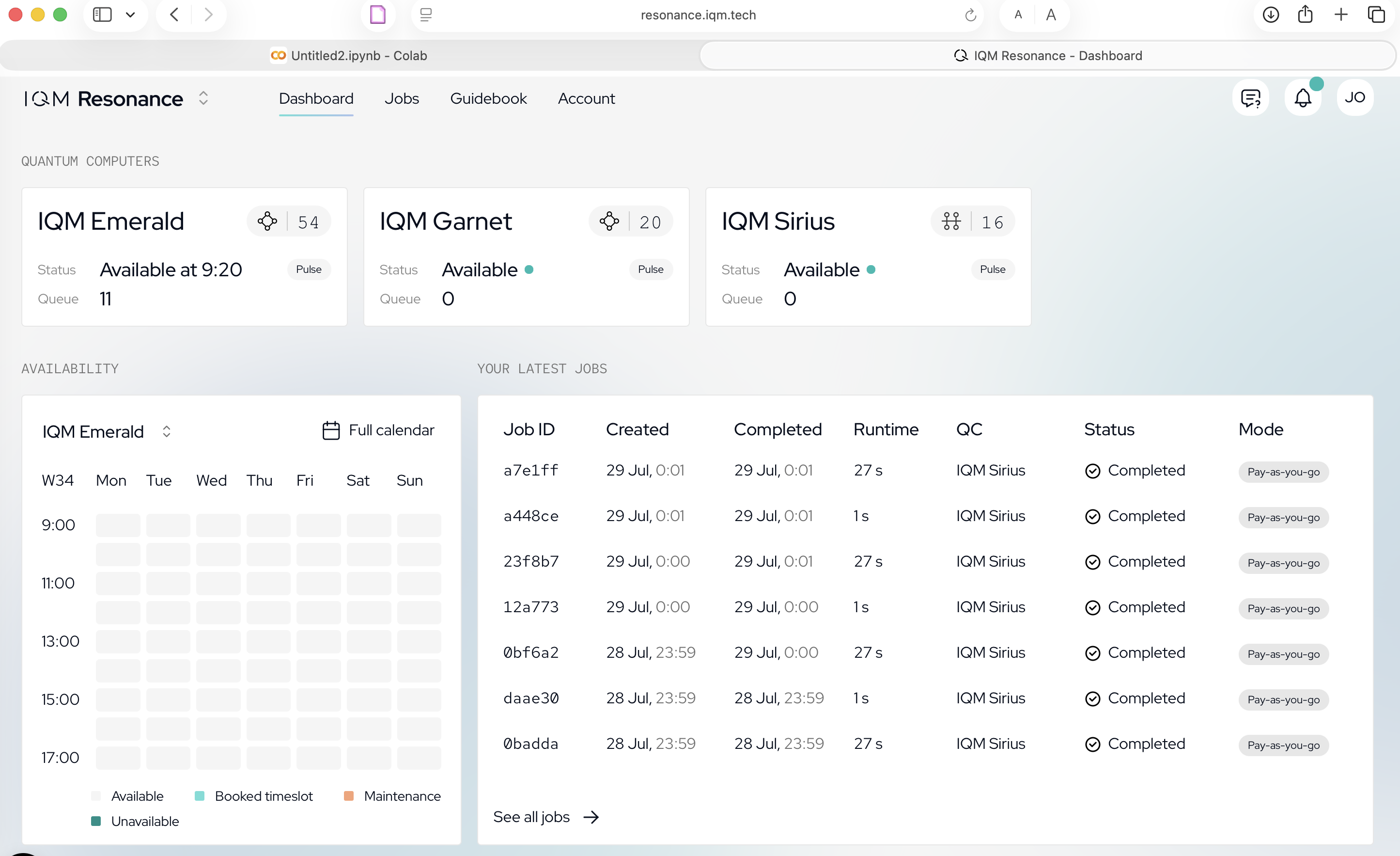 IQM Resonance kontrolna tabla sa dostupnim kvantnim računarima i listom poslova